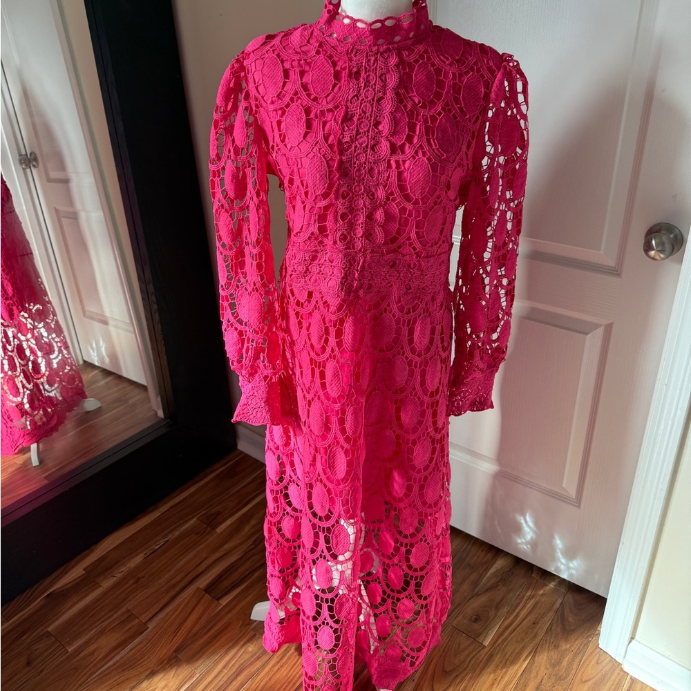 High neck, pink lace dress & zipper back. Lined bodice & sheer elements.